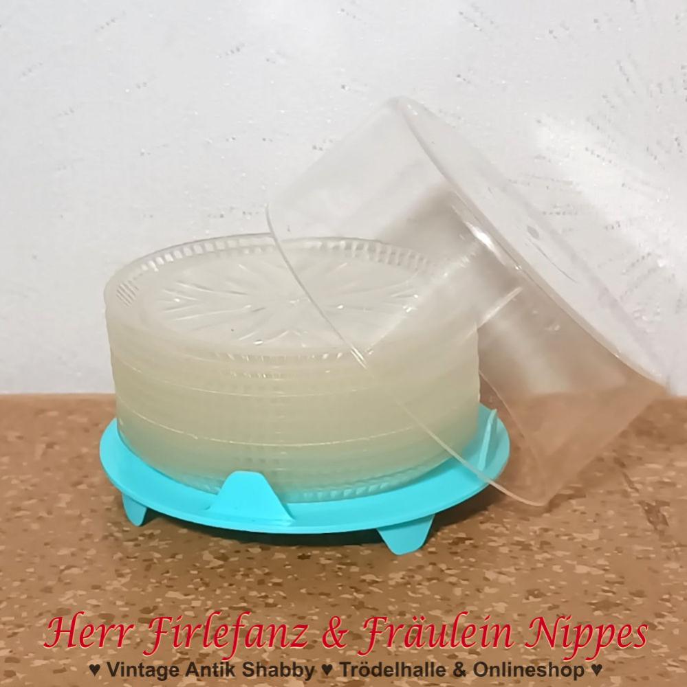 12 DDR Vintage Untersetzer Plastkristall für Gläser aus transparentem Kunststoff inkl. Dose aus den 80er Jahren der DDR (Ø 7cm)