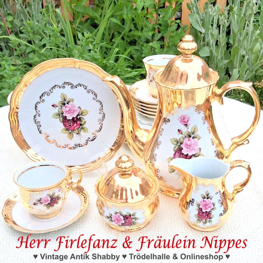 21 tlg. Vintage Kaffeeservice mit pompösem großfklächigem Golddekor und Rosen aus den 50er  60er Jahren (HK Porzellanmanufaktur Koch, Oberkotzau)