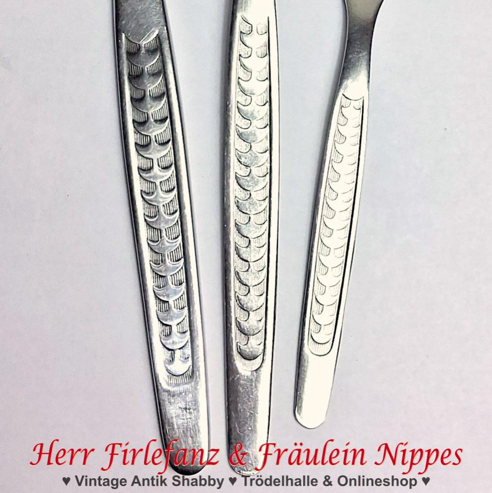 30tlg. Vintage DDR Besteck mit Halbkreisen  Halbmonden Dekor (ABS) für 6 Personen Messer, Gabel, Löffel, Teelöffel, Kuchengabel