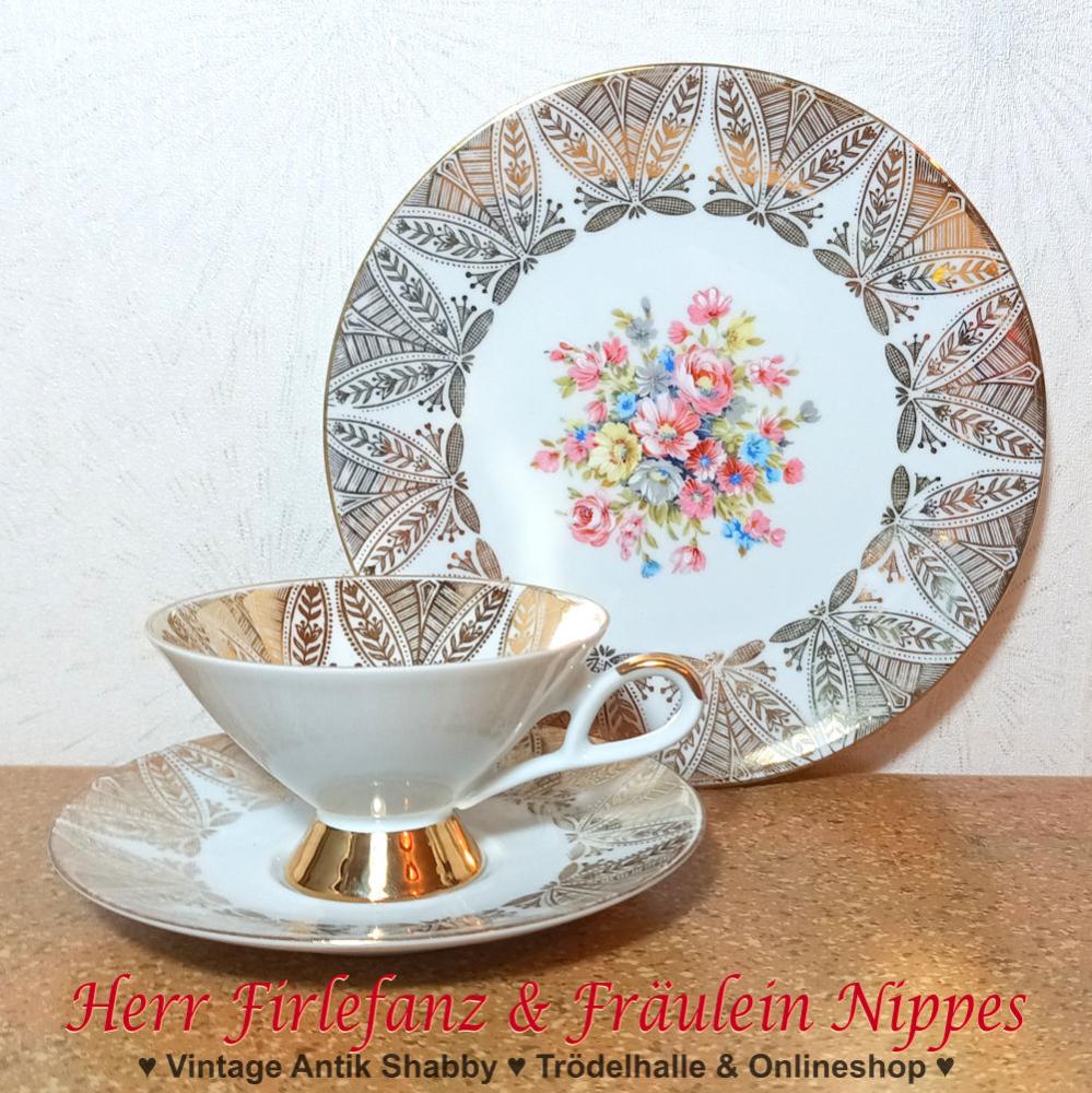 3tlg. Vintage Sammelgedeck  Sammeltasse Porzellanfabrik Bareuther Waldsassen mit Golddekor und Blumenbouquet Sommerblumen