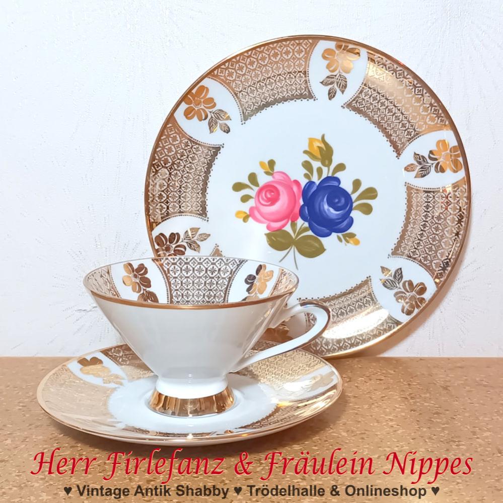 3tlg. Vintage Sammelgedeck  Sammeltasse Winterling mit Golddekor und stilisierten Rosen und blau und pink aus den 50er  60er Jahren