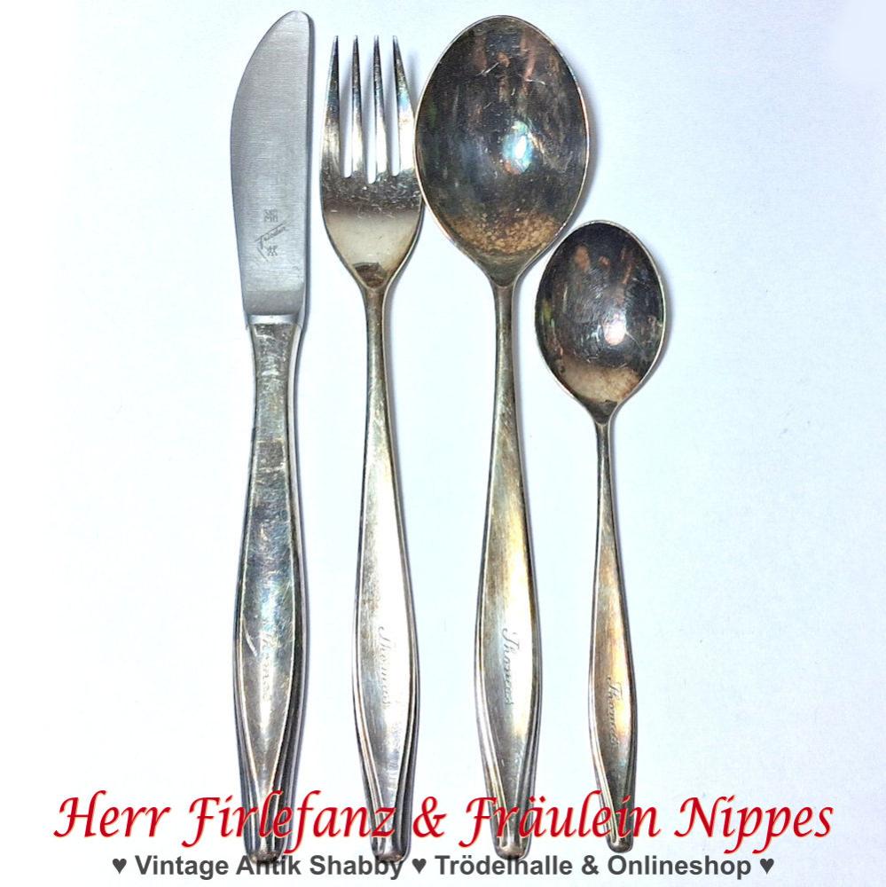 4tlg. WMF Besteck Set mit Messer, Gabel, Löffel und Teelöffel mit Gravur Thomas am Griff (90er Silber)