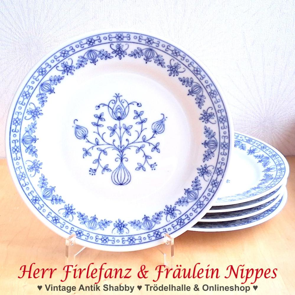 5 weiße Vintage Frühstücksteller von Kahla aus Porzellan mit blauem  kobaltblauem Dekor aus Blüten und Tulpen aus den 50er  60er Jahren der DDR