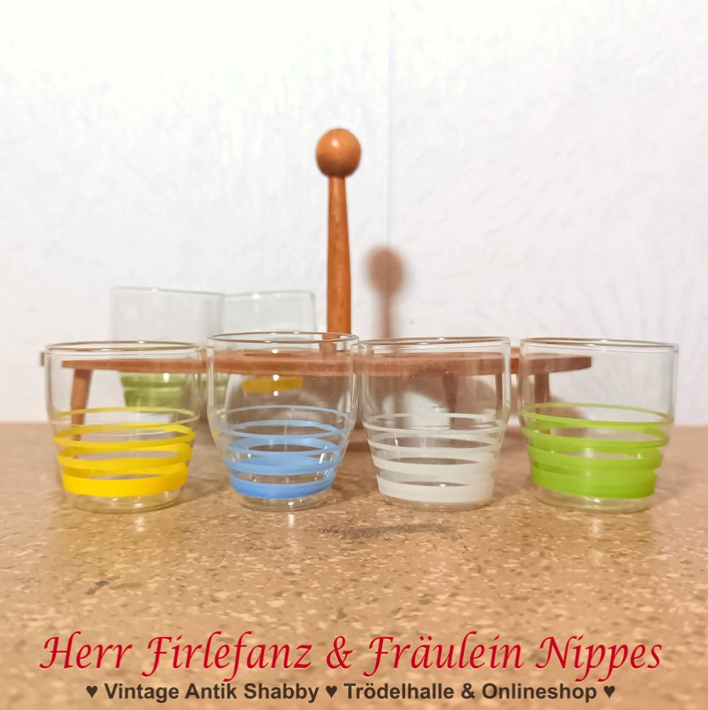 Preview: 6 Vintage Schnapsgläser inkl. Holzhalterung