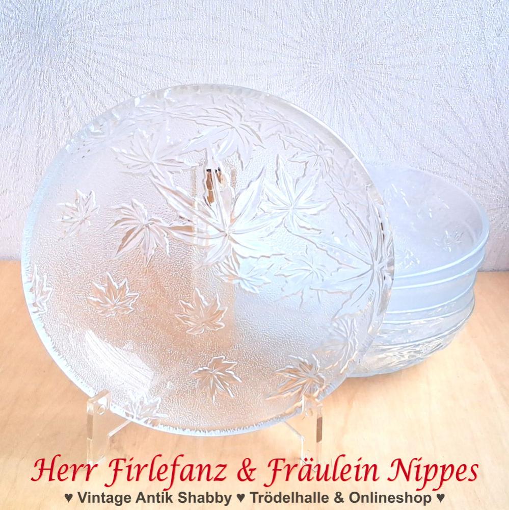 6 kleine runde Teller aus Glas für Kuchen, Eis und Dessert mit Dekor aus Ahornblättern