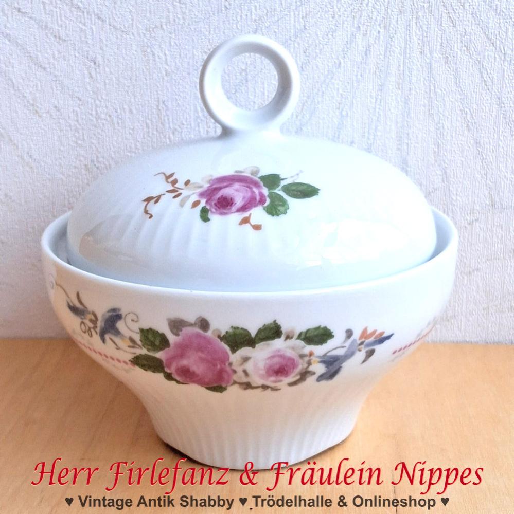 Alte Vintage Zuckerdose, Porzellandose, Deckeldose aus Porzellan mit Rosen und Winden und Relief Dekor (von Henneberg, DDR)