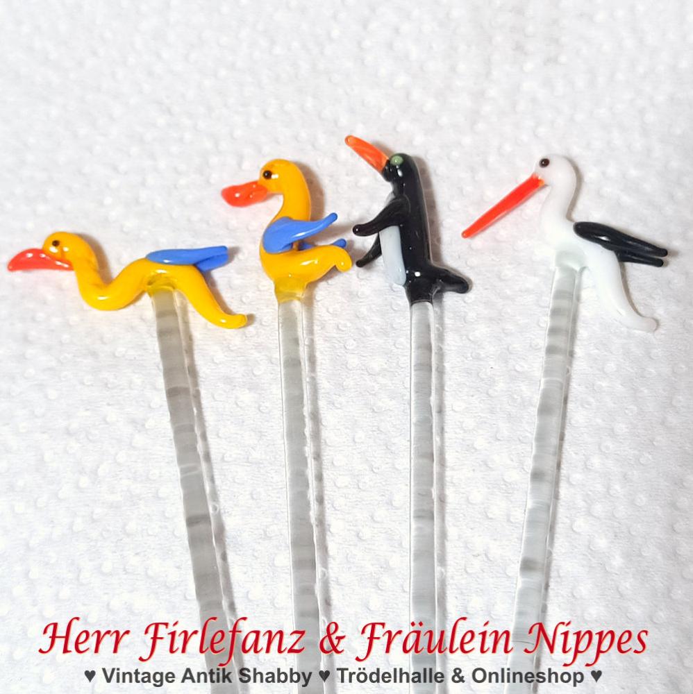 Preview: 7 Vintage Bowle Pieker aus Glas - Vögel