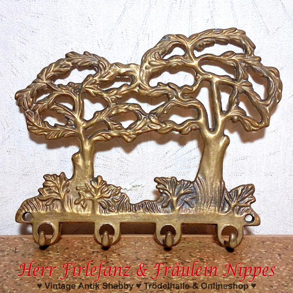 Goldfarbene Vintage Hakenleiste aus Messing bestehend aus 2 Bäumen und 4 kleinen Haken für Schlüssel, Handtücher, Geschirrtücher (15cm breit)