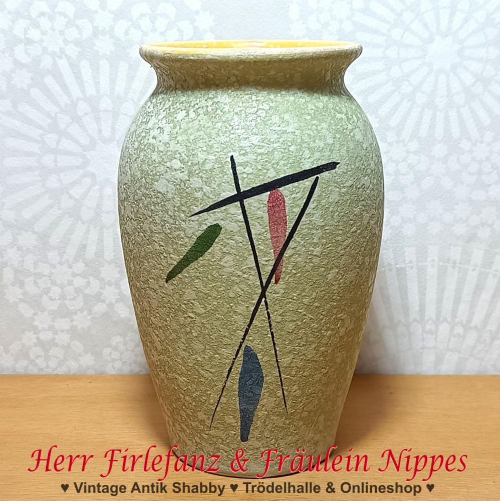 Hellgrüne Vintage Keramik Vase mit weißen Tupfen und 50s Dekor in rosa, grün, blau & schwarz aus den 50er Jahren (Foreign 238 14)