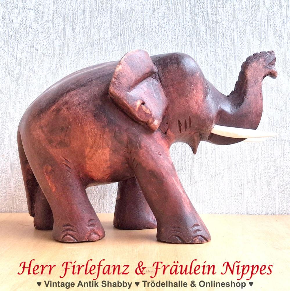Kleine Vintage Midcentury Deko Figur Elefant aus rötlich braunem Teak Holz geschnitzt vermutlich 50er  60er Jahre
