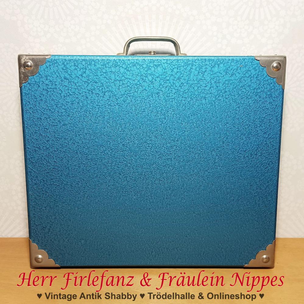 Kleiner alter Vintage Koffer (ehemalige Dia Kiste) aus Holz in metallic blau beschichtet aus den 50er / 60er Jahren aus der DDR