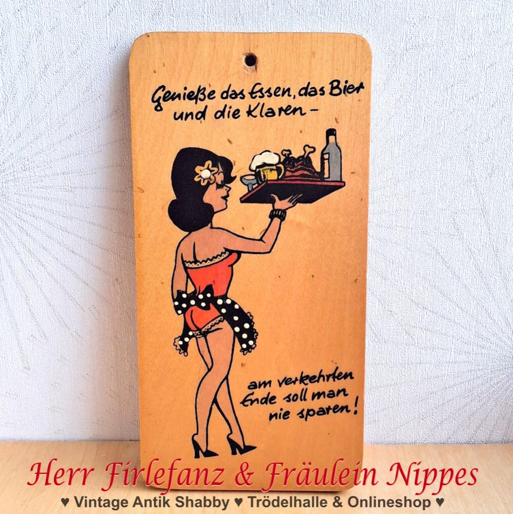 Kleines Vintage Holzbild Genieße das Essen, das Bier und die Klaren... aus den 60er  70er Jahren der DDR (22cm x 11cm)