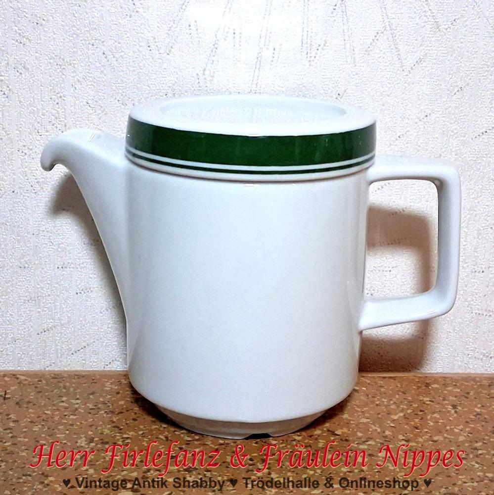 Kleines altes Vintage Kännchen aus Porzellan in weiß mit grünen Ringen am Deckel sog. Mitropa Kännchen (von Henneberg, DDR)