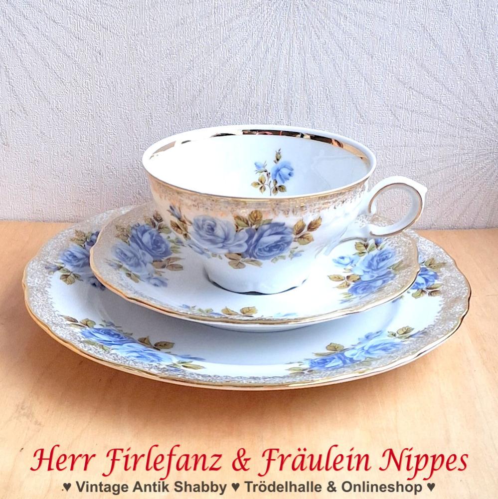 Sammeltasse Porzellanmanufaktur Winterling mit blauen Rosen, gesprenkeltem Golddekor und Goldrand (Winterling)