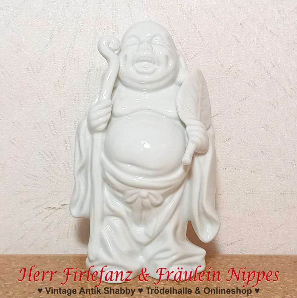 Schlichte komplett weiße Figur aus Porzellan / Porzellanfigur Stehender und lachender Buddha (Made in Japan)
