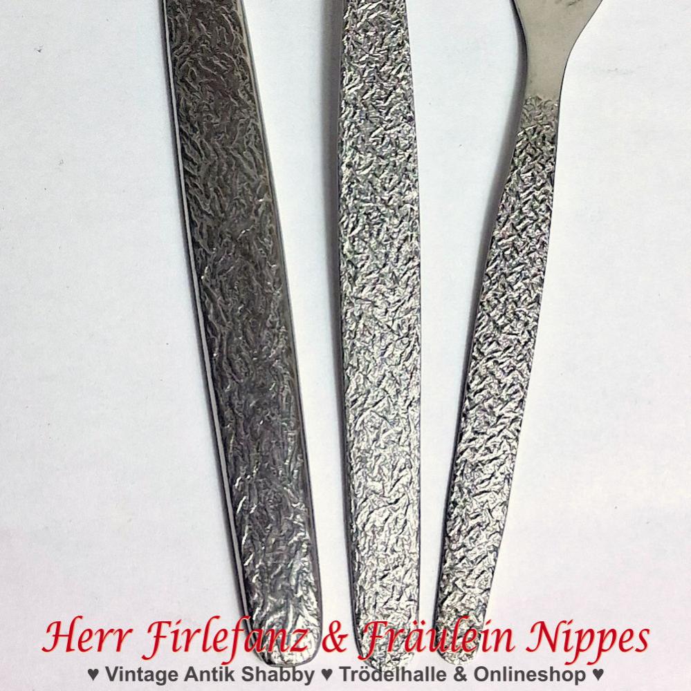 30tlg. Vintage DDR Besteck mit Halbkreisen  Halbmonden Dekor (ABS) für 6 Personen Messer, Gabel, Löffel, Teelöffel, Kuchengabel