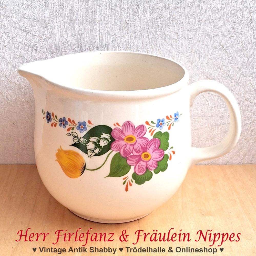 Vintage DDR Kanne für Milch und Kakao aus Keramik cremefarben mit Blumen in pink und gelb (850ml) (Steingutwerk Torgau)