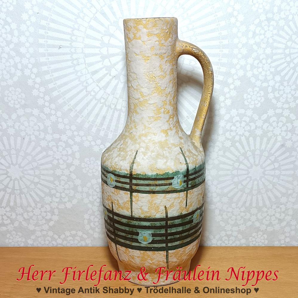 Vintage Keramik Vase / Henkelvase "Elbe" in beige mit cremefarbenen Tupfen und Linien in grau und grün aus den 50er / 60er Jahren