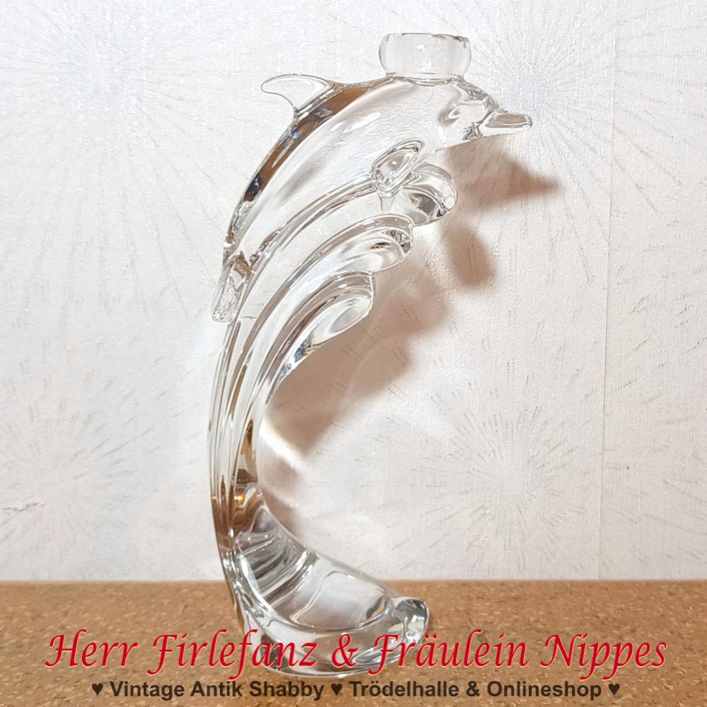 Vintage Kerzenständer aus Bleikristall in Form eines springenden Delfins im Wasser für Stabkerzen vermutlich Nachtmann (23cm)