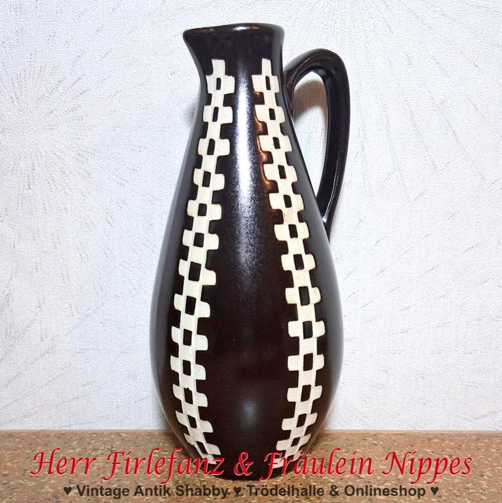 Vintage Midcentury Keramik Vase in dunkelbraun mit cremeweißen Quadraten leicht glänzend glasiert (18,5cm)