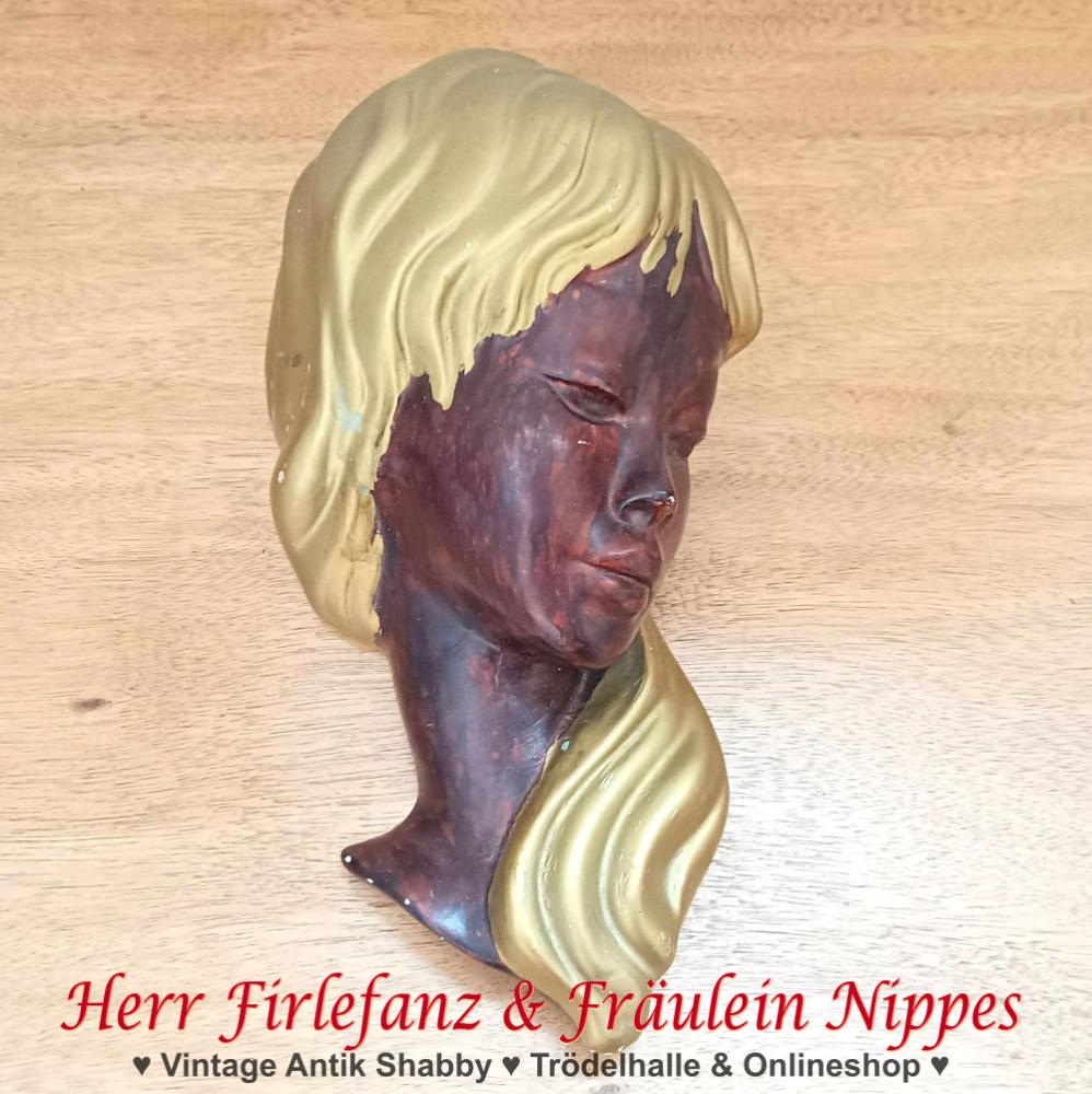 Vintage Wandbild / Wandrelief / Wandmaske aus Gips "Mädchen mit blonden goldenen Haaren" aus den 50er / 60er Jahren