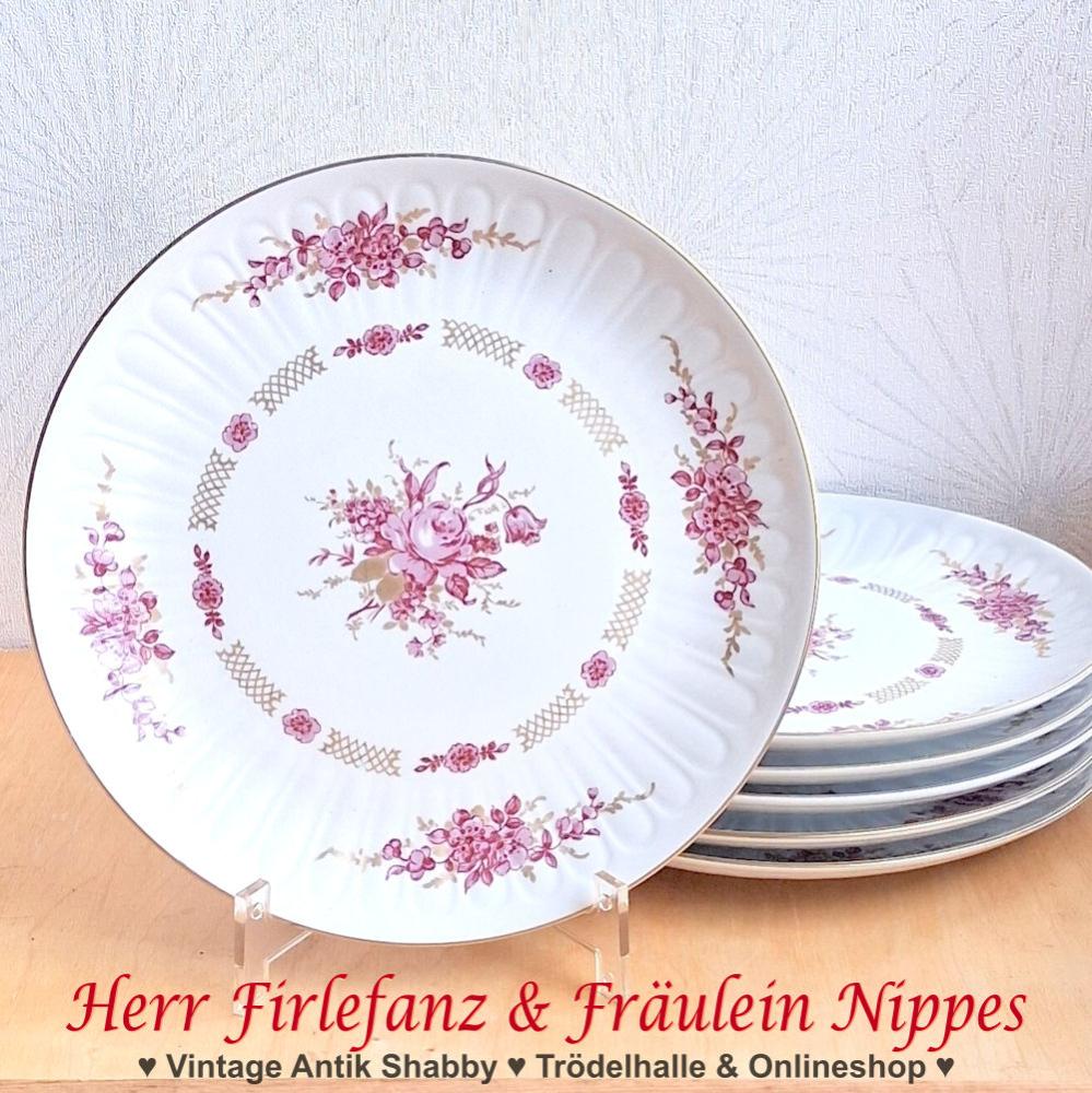 hübsche alte Vintage Frühstücksteller aus weißem Porzellan mit rosa Rosen, Reliefdekor, Goldrand & Golddekor (Graf von Henneberg, Illmenau, DDR)