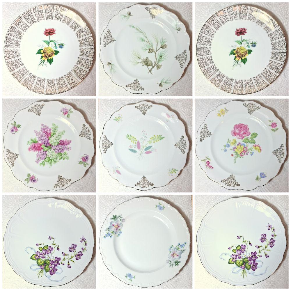 weiße Vintage Frühstücksteller aus Porzellan mit verschiedenen Blumen Dekoren, Reliefdekoren und Goldrand aus den 50er / 60er Jahren