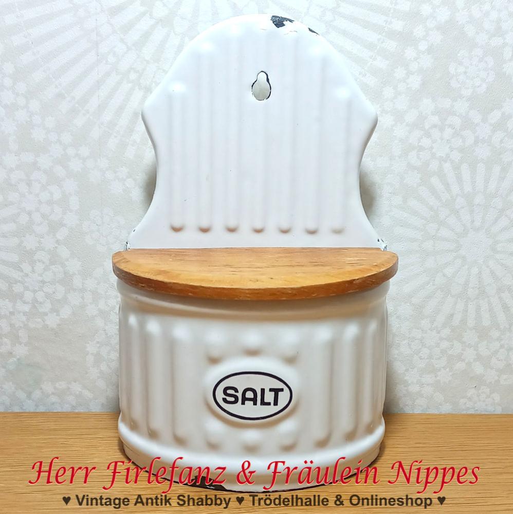 Weißer Emaille Behälter "Salt / Salz" aus Metall mit Holzdeckel zur Wandaufhängung für Shabby und Landhaus Küche Deko