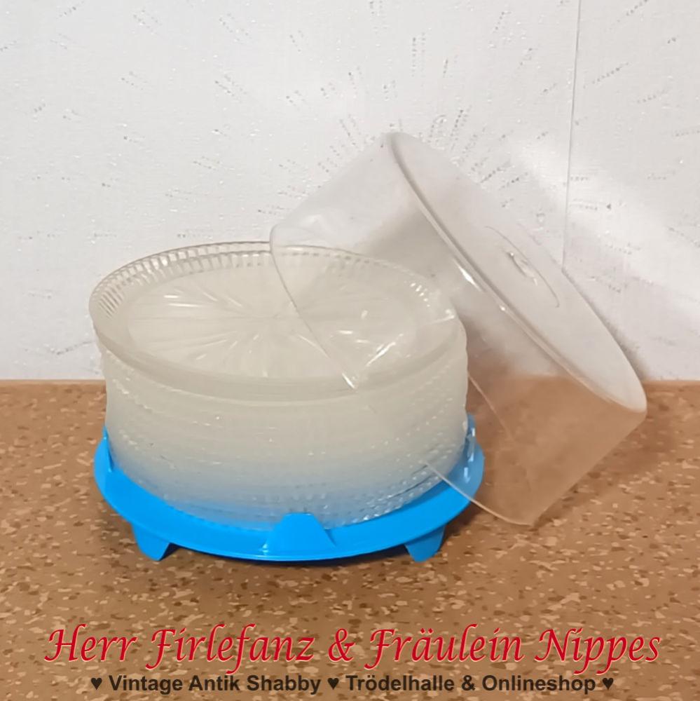 12 DDR Vintage Untersetzer Plastkristall für Gläser aus transparentem Kunststoff inkl. Dose aus den 80er Jahren der DDR (Ø 8,5cm)