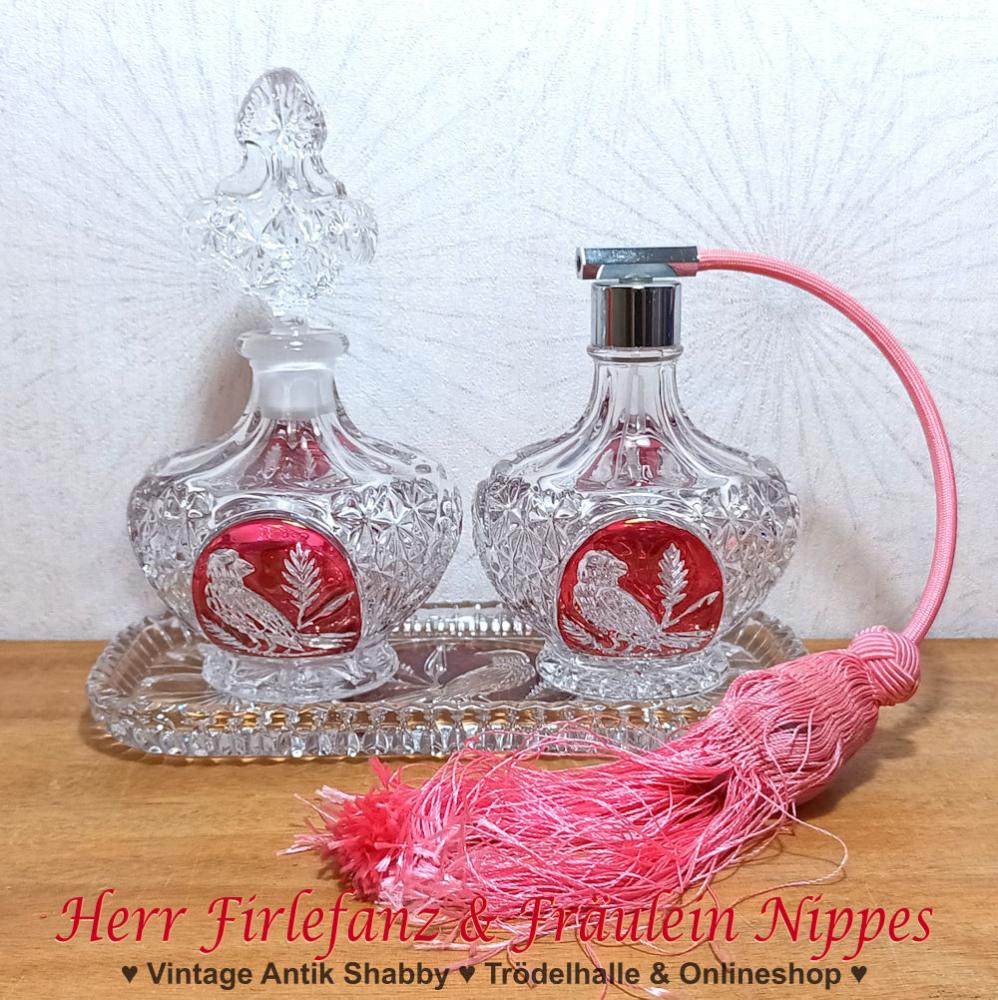 3tlg. Parfüm Set Red Bird aus Bleikristall mit rotem Vogel Parfümflacon, Zerstäuber und Schmuckschale (Hofbauer)
