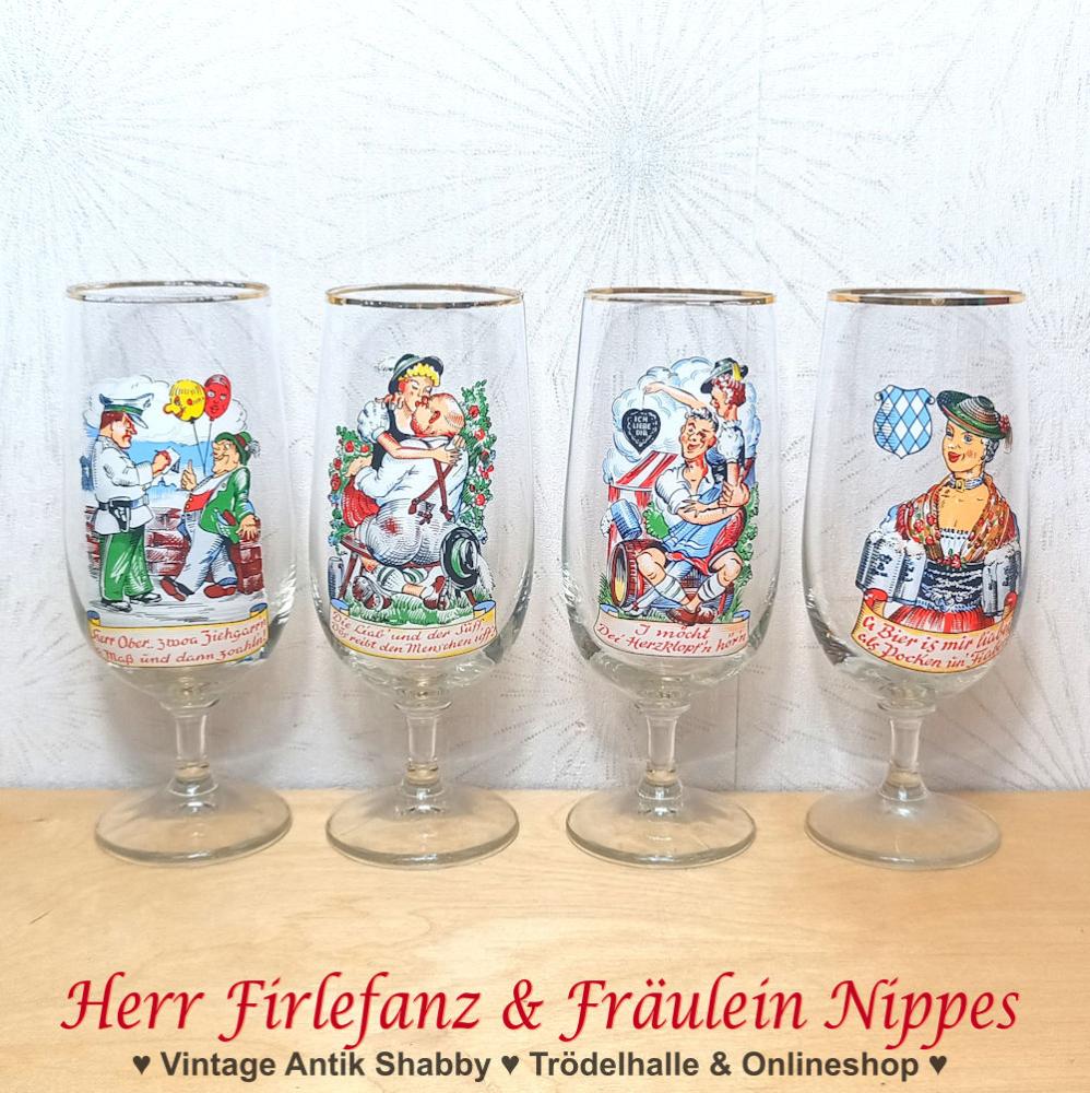 alte Vintage Biergläser / Biertulpen aus den 50er Jahren mit bayerischen Motiven, Sprüchen und Goldrand (Lederhose und Dirndl)