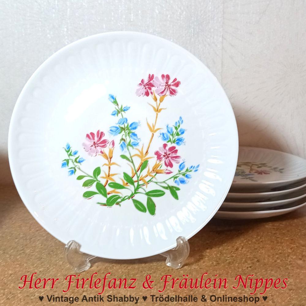 5 weiße Vintage Teller  Frühstücksteller mit Reliefdekor und blauen und weinroten Blumen von Graf von Henneberg Porzellan Ilmenau DDR