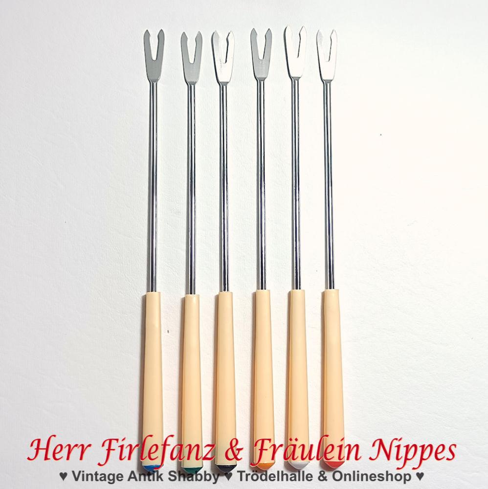 6 Vintage Fondue Gabeln mit Griff aus Kunststoff und farbiger Kennzeichnung am Ende (23cm)