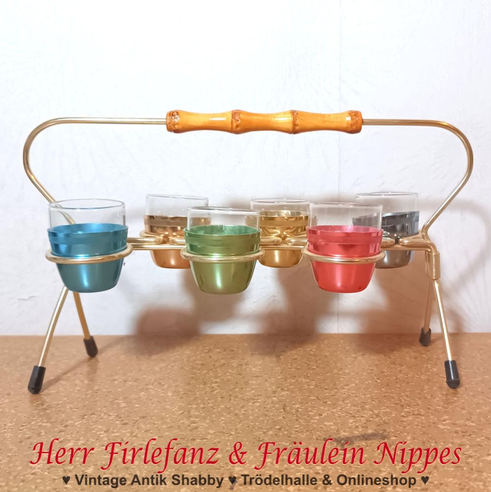 6 Vintage Midcentury Schnapsgläser mit bunten Näpfen aus eloxiertem Aluminium inkl. String Halterung mit Holzgriff aus den 50er Jahren der DDR