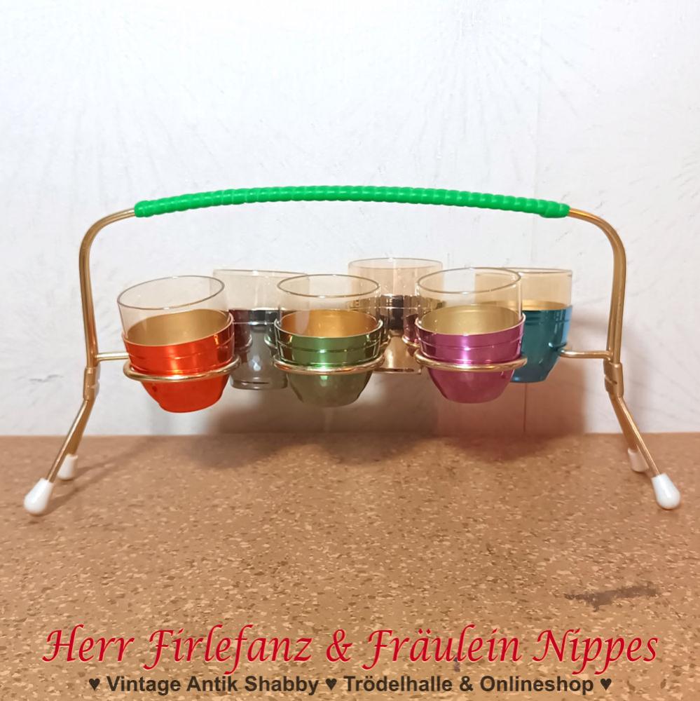 6 Vintage Midcentury Schnapsgläser mit bunten Näpfen aus eloxiertem Aluminium inkl. String Halterung mit grünem Griff aus den 50er Jahren der DDR