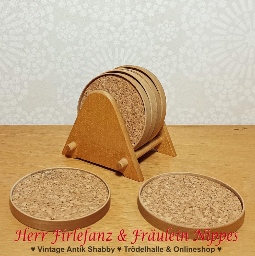 6 Vintage Untersetzer für Gläser & Schälchen für Snacks aus hellem Holz und Kork aus den 50er Jahren
