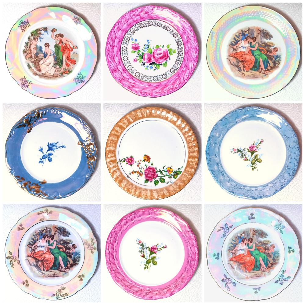 9 Vintage Frühstücksteller  kleine Teller für Kuchen und Frühstück aus Porzellan mit verschiedenen Perlmuttglanz  Perlmuttschimmer Dekoren