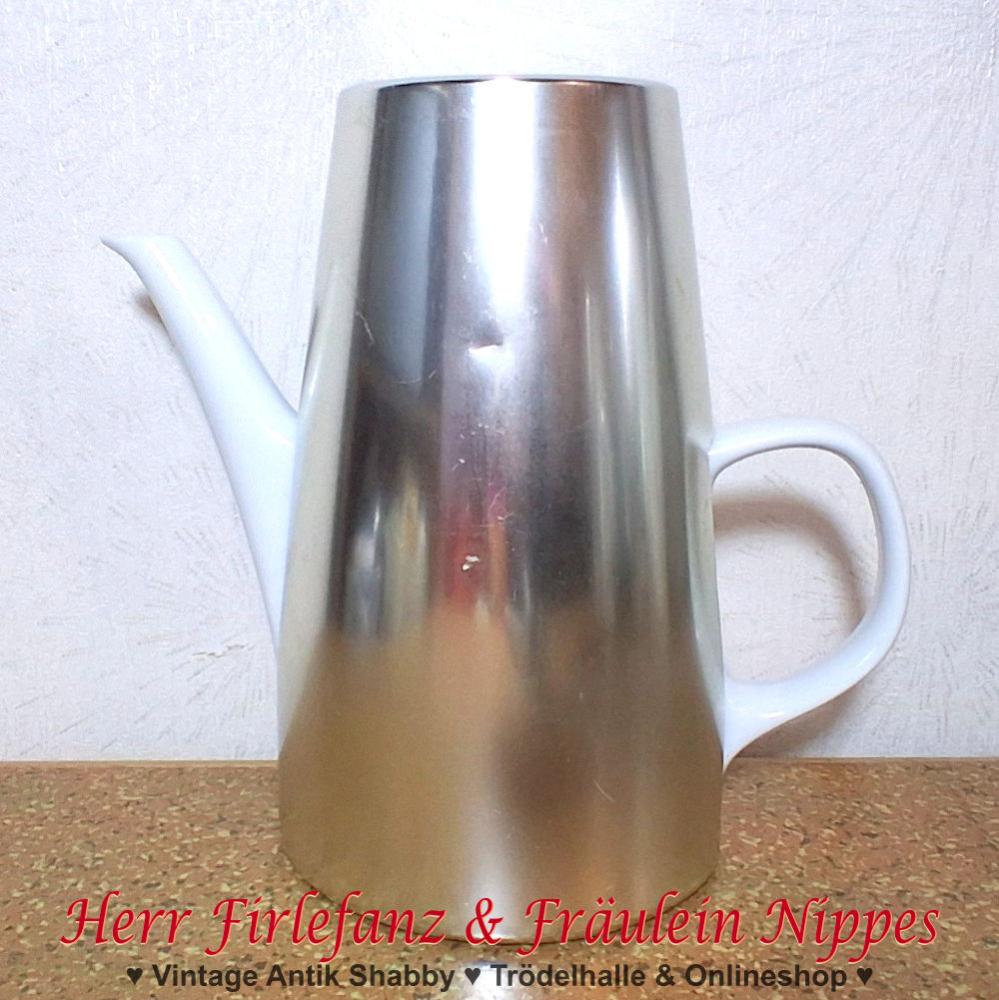 Alte Midcentury Vintage Melitta Kanne insbes. Kaffeekanne aus weißem Porzellan mit silberfarbener Thermohaube 750ml