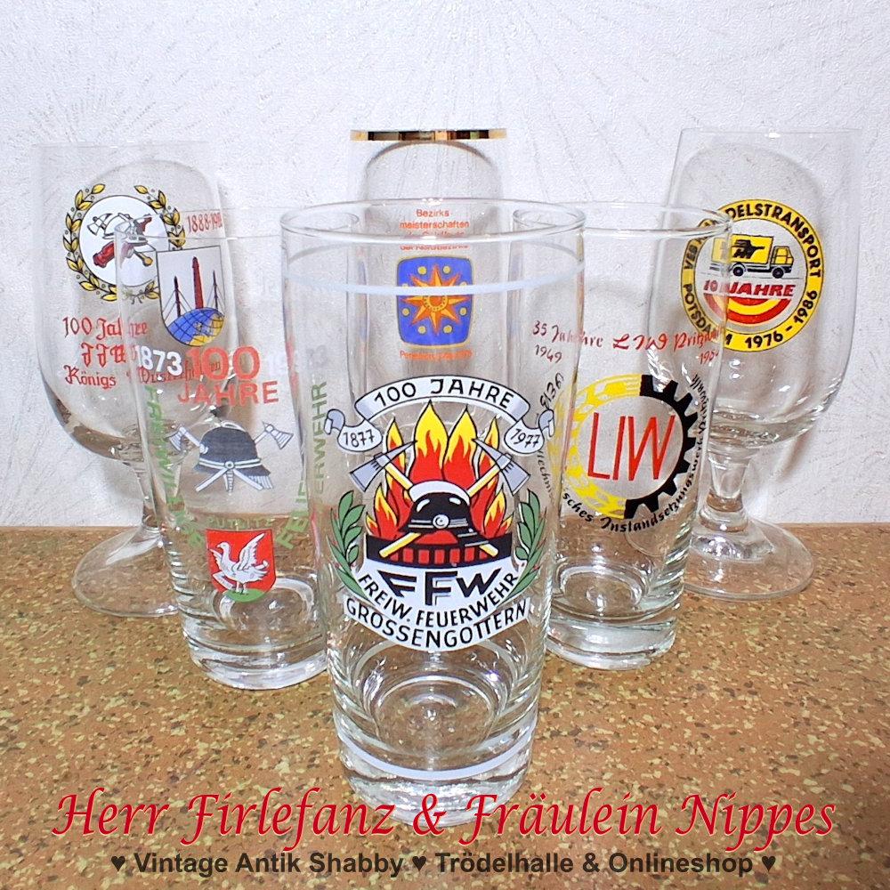 Alte Vintage Bier- und Limogläser mit verschiedenen Aufdrucken von Vereinen, Feuerwehr, LPG, Betrieben uvm aus DDR Zeiten