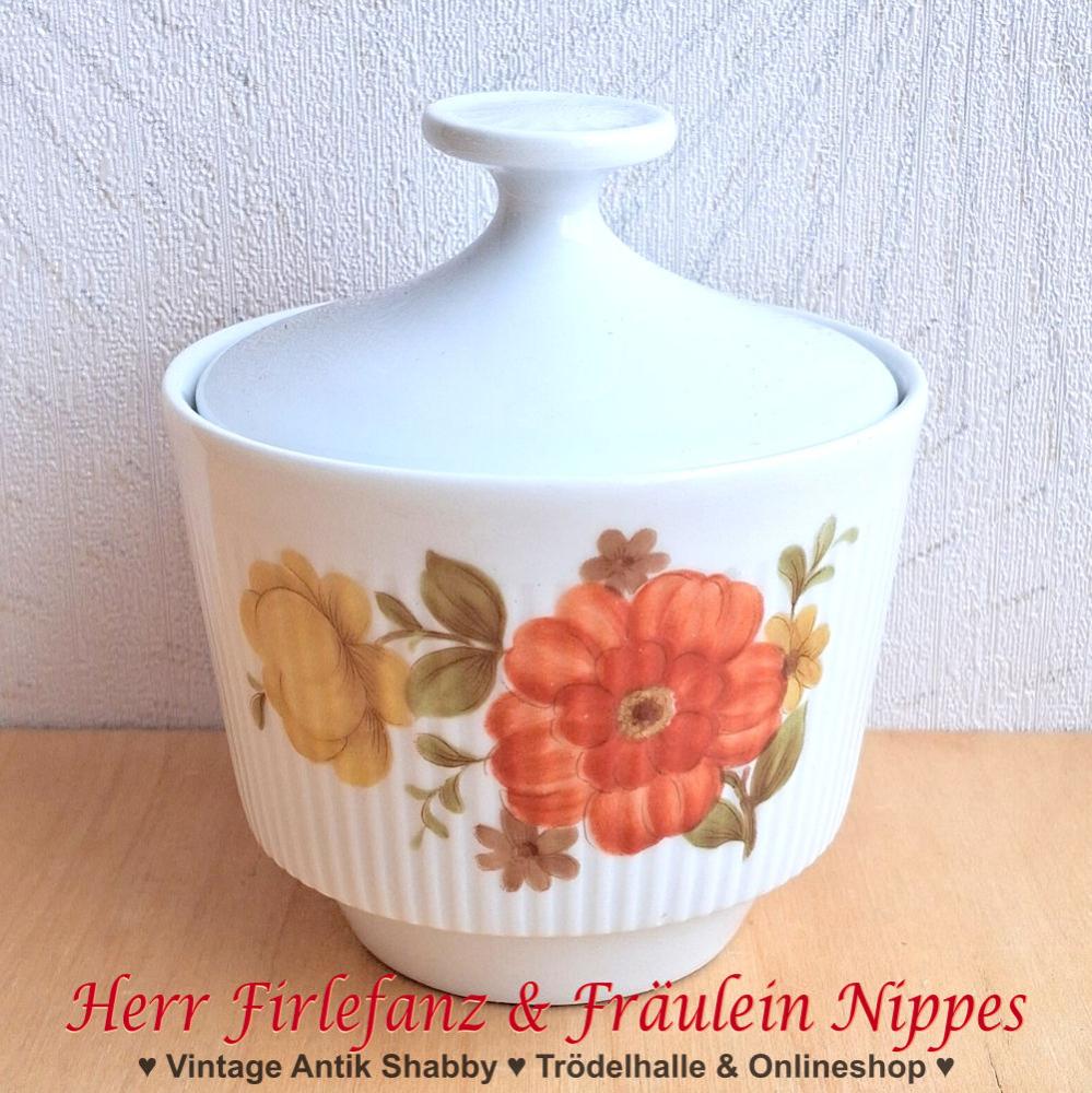 Alte Vintage Zuckerdose, Porzellandose, Deckeldose aus Porzellan mit Blumen in orange und gelb und Relief Dekor (Mitterteich)