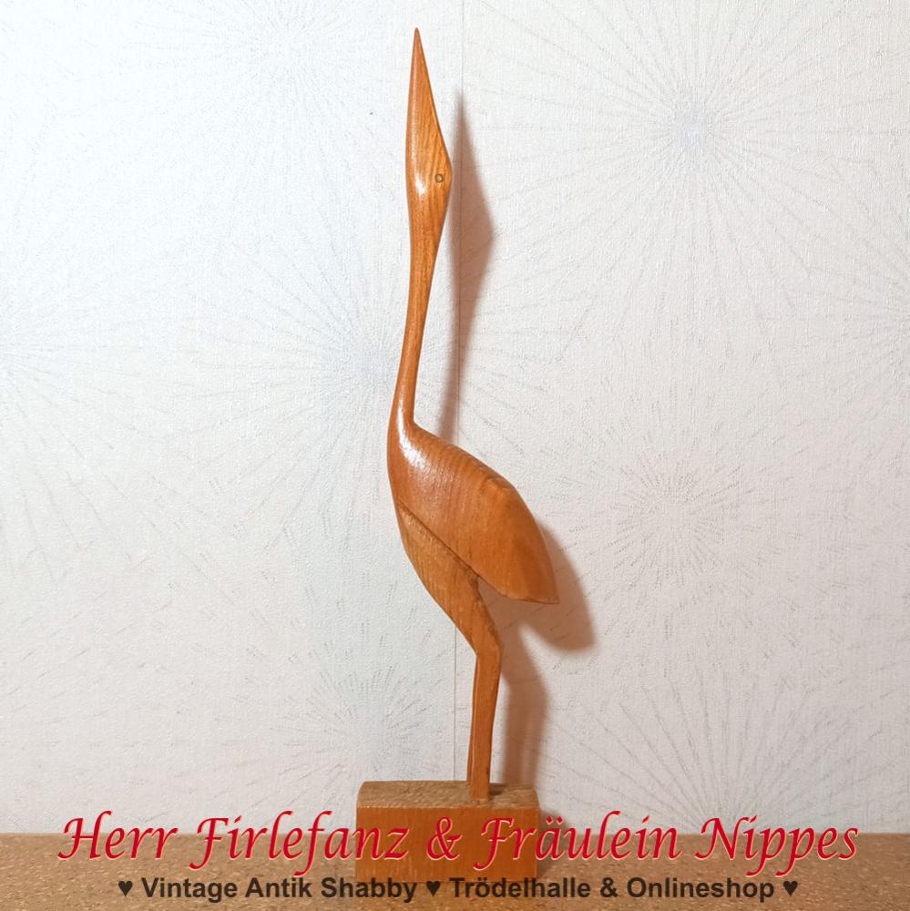 Alte große Vintage Midcentury Figur Kranich aus hellem Holz geschnitzt aus den 50er  60er Jahren der DDR