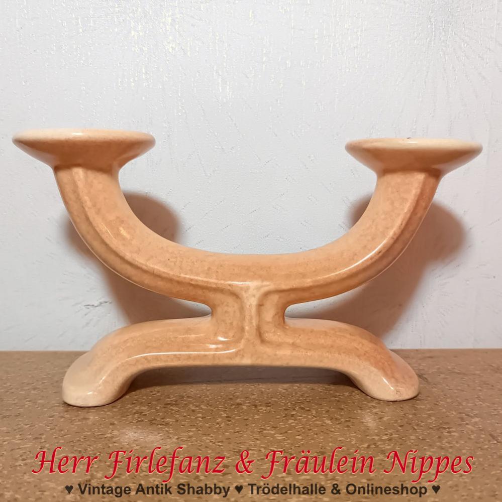 Alter Vintage Kerzenständer  Kandelaber aus Keramik in beige und braun glänzend glasiert für Stabkerzen