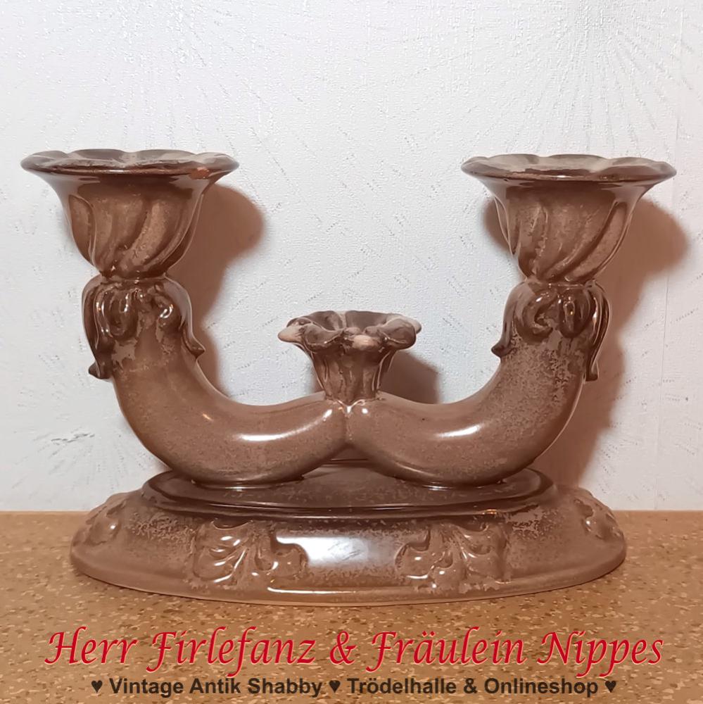 Alter Vintage Kerzenständer  Kandelaber im Antik Stil aus Keramik in braun und beige glänzend glasiert für Stabkerzen