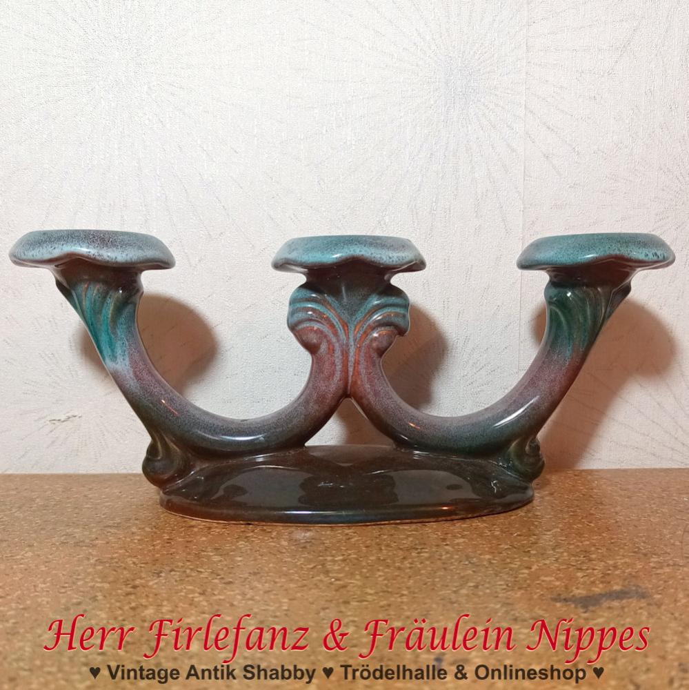 Alter Vintage Kerzenständer / Kandelaber im Antik Stil aus Keramik mit Farbverlauf in grün und braun glänzend glasiert (VEB Elsterwerda, DDR)