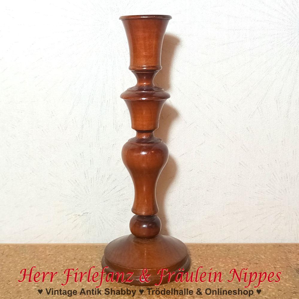 Alter schlichter gedrechselter Vintage Kerzenständer aus dunklem Holz und glänzend lackiert für Stabkerzen aus DDR Zeiten (22,5cm)