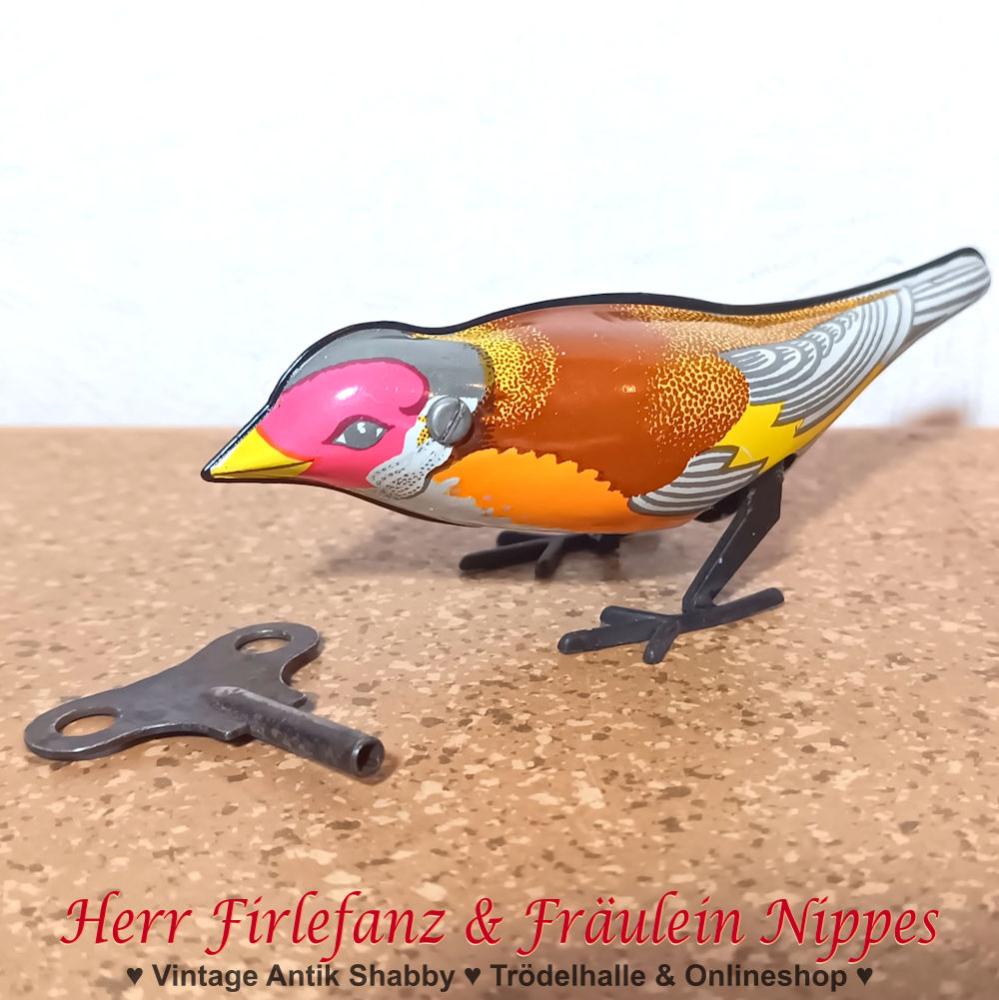 Altes Vintage Midcentury Blechspielzeug pickender Vogel zum Aufziehen aus den 50er Jahren der DDR (inkl. Schlüssel, funktionstüchtig)