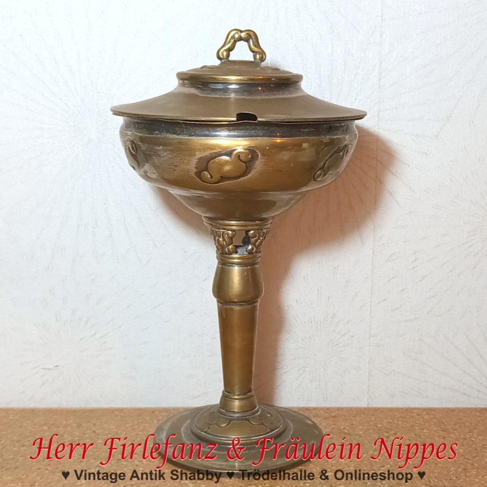 Antike Servierschale oder Kaviarschale aus versilbertem Messing mit hohen Fuß und Deckel (29cm, ASTRAL,ENERET, Dänemark)