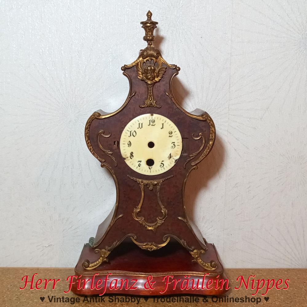 Antike Uhr  Tischuhr aus Holt mit vielen Verzierungen aus Messing und Emaille Ziffernblatt zum Aufarbeiten (für Bastler)