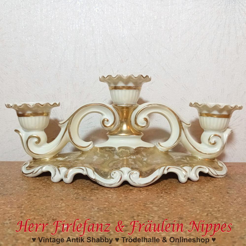 Antiker Vintage Kerzenständer  Kandelaber aus Porzellan für Stabkerzen in creme mit Golddekor (RS Tillowitz, EPOS Edelporzellan Oberschlesien)
