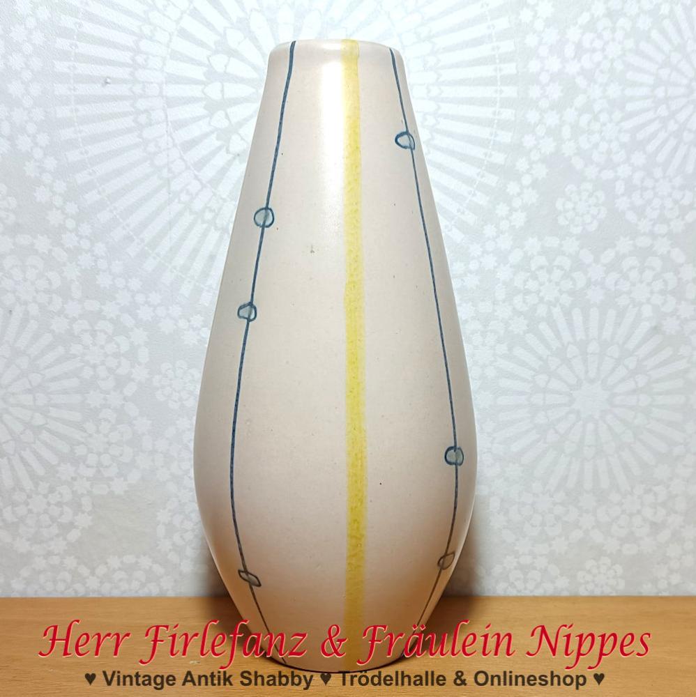 Cremefarbene Vintage Vase aus Keramik mit gelben Streifen, grauen Linien und Punkten aus den 50er Jahren (Bodenmarke 3102 A)